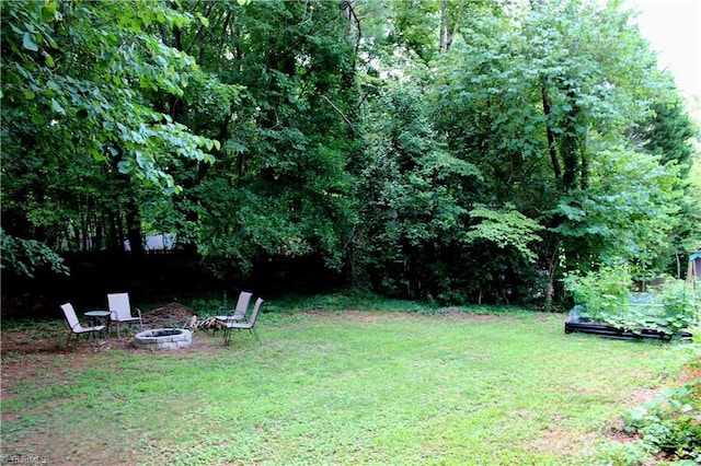 view of yard featuring an outdoor fire pit