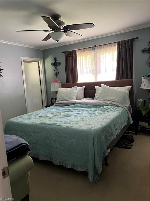 carpeted bedroom with ceiling fan and crown molding