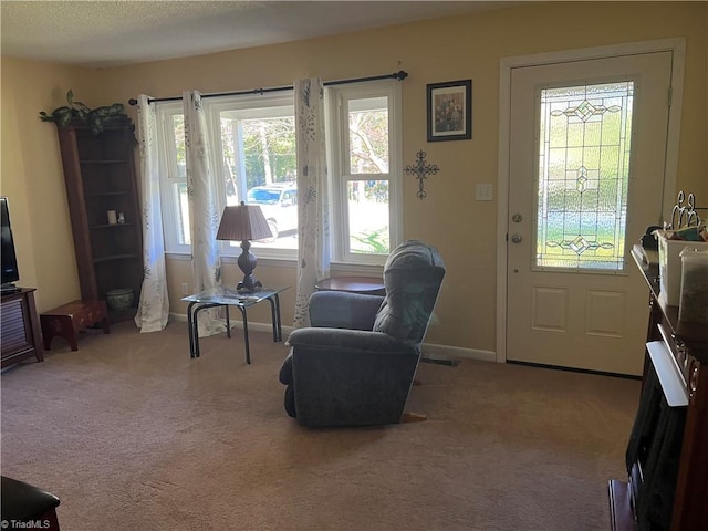 sitting room featuring light carpet and a textured ceiling