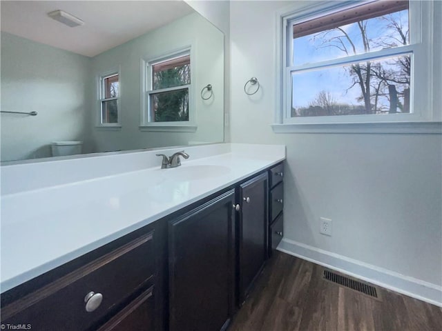 bathroom with a healthy amount of sunlight, visible vents, vanity, and wood finished floors