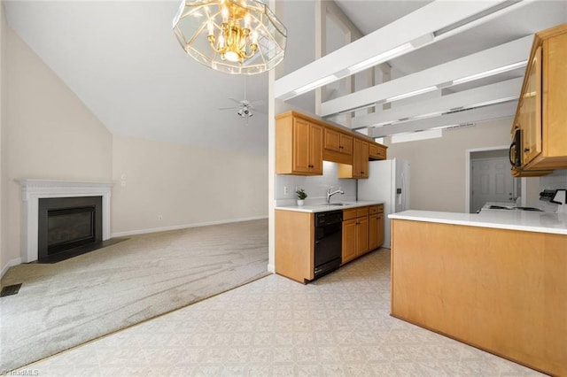 145 Millers Crossing Ct, Winston-Salem, NC 27103 - kitchen featuring black dishwasher, light countertops, lofted ceiling, range, and open floor plan