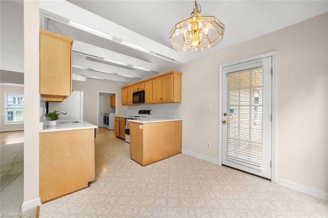 145 Millers Crossing Ct, Winston-Salem, NC 27103 - kitchen with electric range, a chandelier, healthy amount of natural light, black microwave, and beamed ceiling