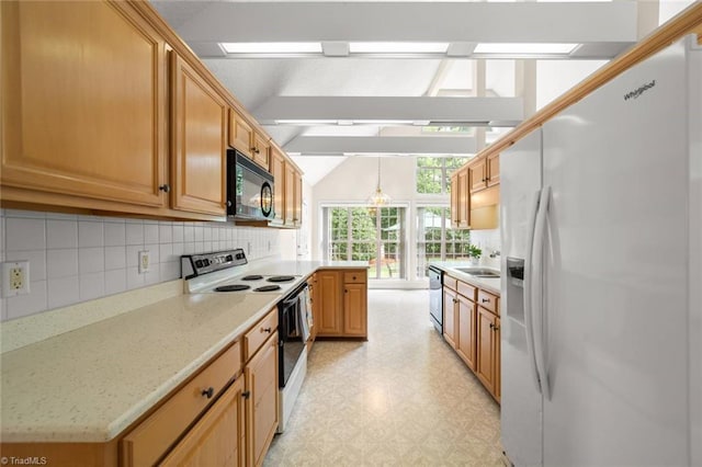 145 Millers Crossing Ct, Winston-Salem, NC 27103 - kitchen featuring white appliances, decorative backsplash, light floors, and light stone countertops