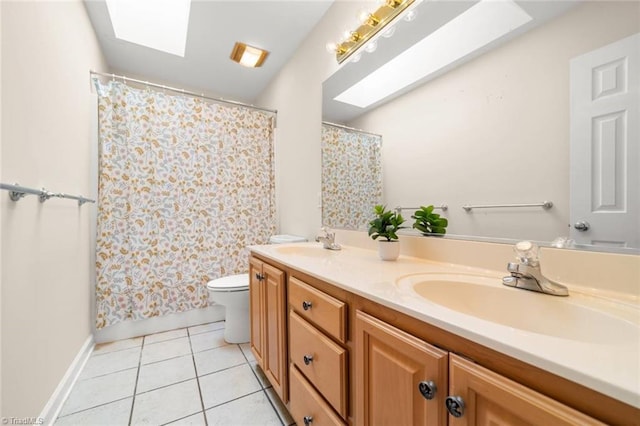 145 Millers Crossing Ct, Winston-Salem, NC 27103 - full bathroom with a skylight, double vanity, tile patterned flooring, and a shower with shower curtain