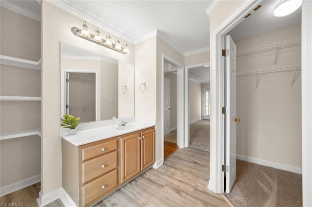 145 Millers Crossing Ct, Winston-Salem, NC 27103 - bathroom featuring vanity, a walk in closet, wood finished floors, crown molding, and a textured ceiling