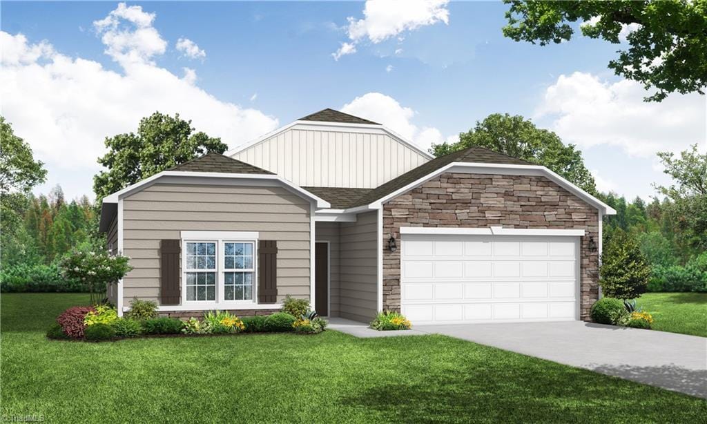 276 Waylon Ct, Lexington, NC 27295 - view of front of home with a front lawn, stone siding, an attached garage, concrete driveway, and board and batten siding