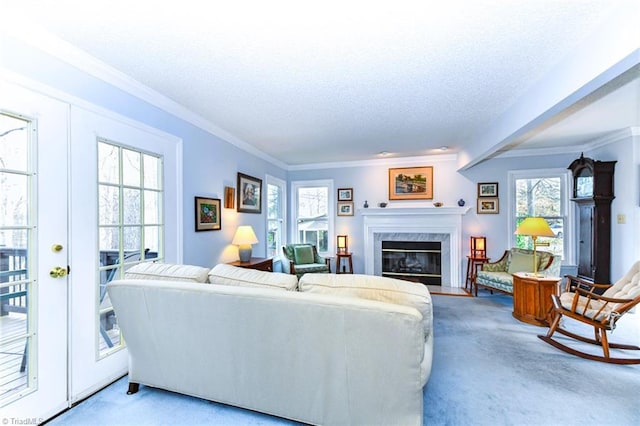 living room with carpet floors, a fireplace, and a healthy amount of sunlight