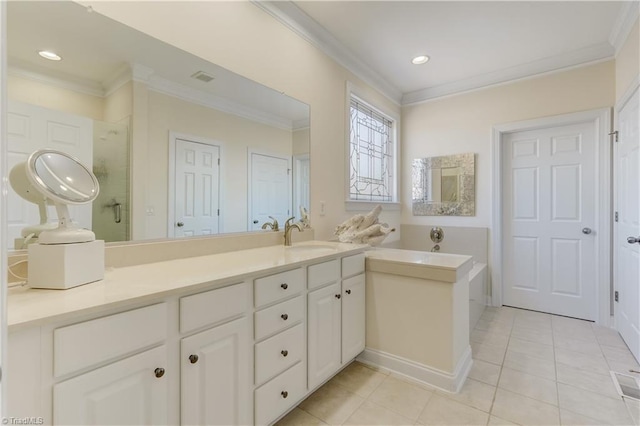 bathroom featuring crown molding, vanity, an enclosed shower, and tile patterned floors