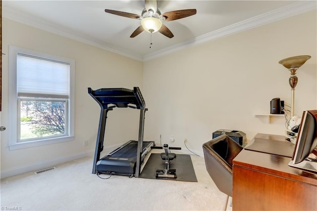 exercise room with carpet flooring, ornamental molding, and ceiling fan