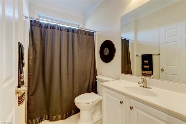 bathroom with tile patterned flooring, ornamental molding, toilet, walk in shower, and vanity