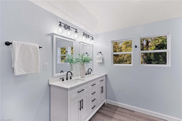 bathroom featuring vanity and hardwood / wood-style flooring