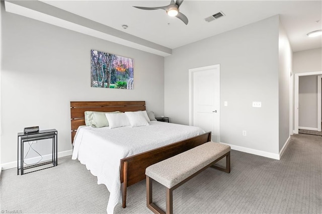 bedroom with ceiling fan and carpet flooring