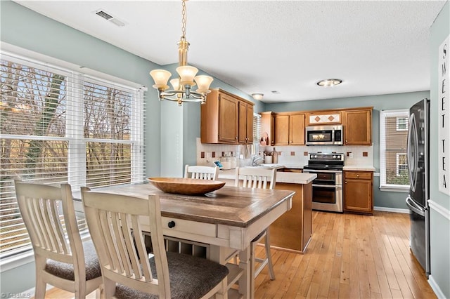 kitchen with an inviting chandelier, hanging light fixtures, light hardwood / wood-style flooring, appliances with stainless steel finishes, and backsplash