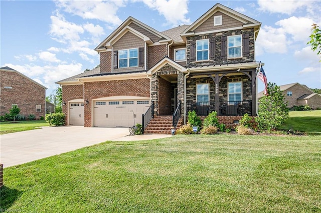 6006 Tanoak Ct, Stokesdale, NC 27357 - craftsman-style house with driveway, covered porch, stone siding, a front lawn, and an attached garage