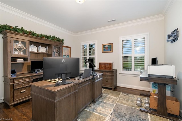 6006 Tanoak Ct, Stokesdale, NC 27357 - home office with dark wood-style floors, crown molding, and baseboards