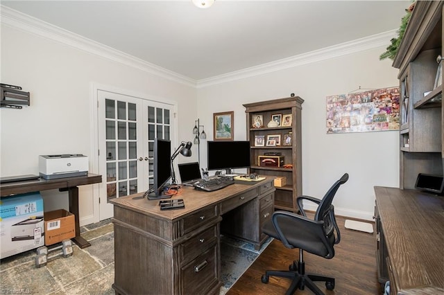 6006 Tanoak Ct, Stokesdale, NC 27357 - office space with crown molding, french doors, baseboards, and dark wood-type flooring