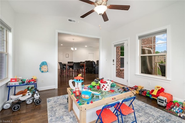 6006 Tanoak Ct, Stokesdale, NC 27357 - recreation room featuring wood finished floors, baseboards, a ceiling fan, and vaulted ceiling
