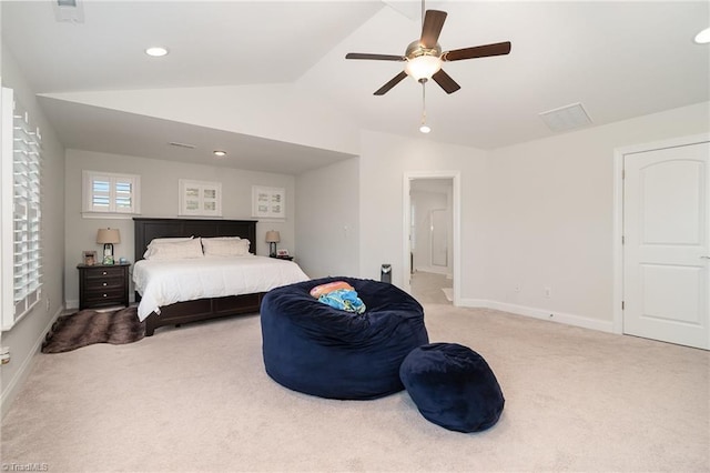 6006 Tanoak Ct, Stokesdale, NC 27357 - bedroom featuring carpet floors, lofted ceiling, baseboards, a ceiling fan, and recessed lighting