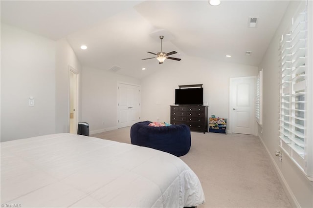 6006 Tanoak Ct, Stokesdale, NC 27357 - bedroom with recessed lighting, lofted ceiling, light carpet, baseboards, and ceiling fan