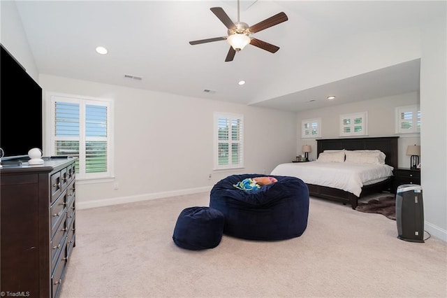 6006 Tanoak Ct, Stokesdale, NC 27357 - bedroom featuring light carpet, baseboards, vaulted ceiling, a ceiling fan, and recessed lighting