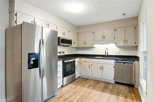 3985 Valley Ct Unit B, Winston-Salem, NC 27106 - kitchen with stainless steel appliances, a sink, light wood finished floors, a textured ceiling, and white cabinetry