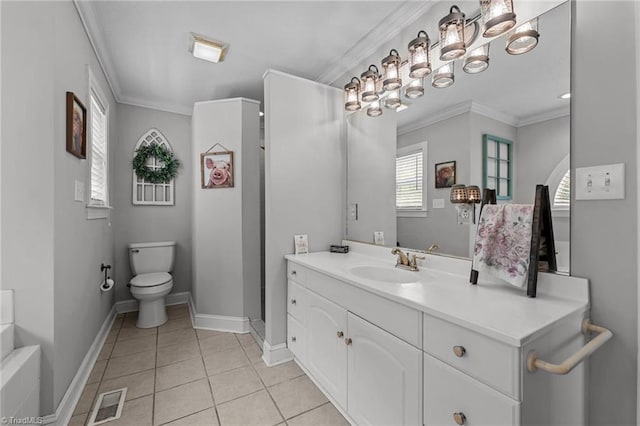bathroom featuring crown molding, toilet, baseboards, tile patterned floors, and a chandelier