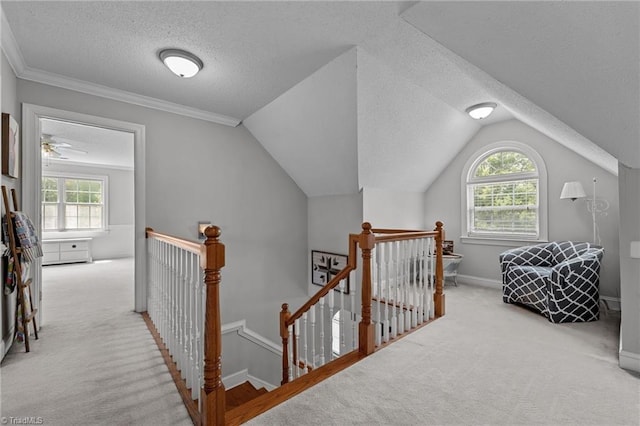 bonus room with carpet flooring, a textured ceiling, healthy amount of natural light, vaulted ceiling, and ceiling fan