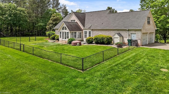 back of house with concrete driveway, a shingled roof, brick siding, and an attached garage