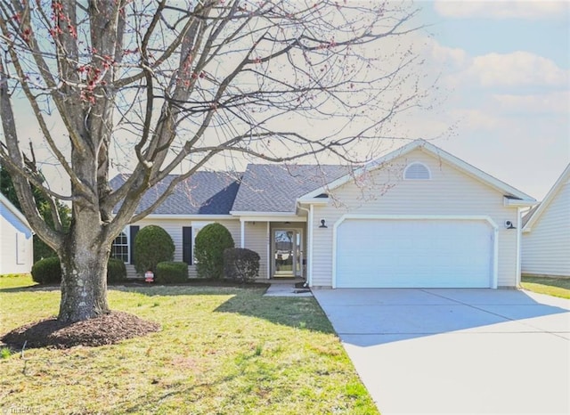 single story home featuring a garage, concrete driveway, and a front lawn