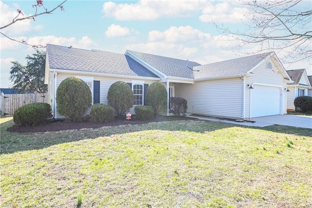 single story home with driveway, a front lawn, fence, an attached garage, and a shingled roof