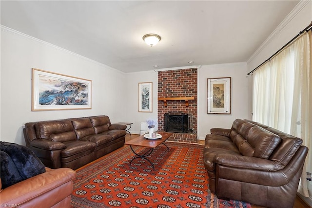 living room featuring a fireplace, wood finished floors, and ornamental molding