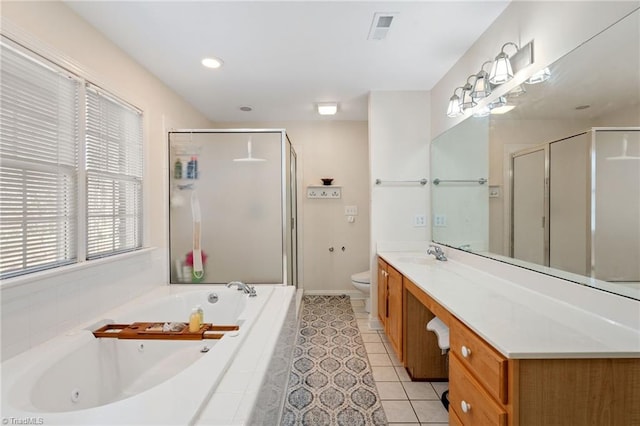 full bath with vanity, a shower stall, visible vents, and a whirlpool tub