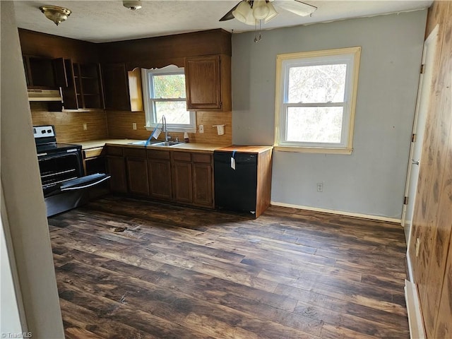 kitchen with dark wood finished floors, stainless steel electric range, a sink, black dishwasher, and under cabinet range hood