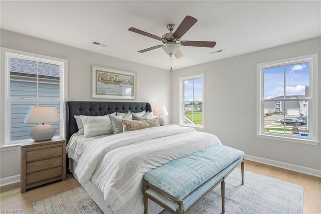 bedroom with baseboards, visible vents, and light wood finished floors