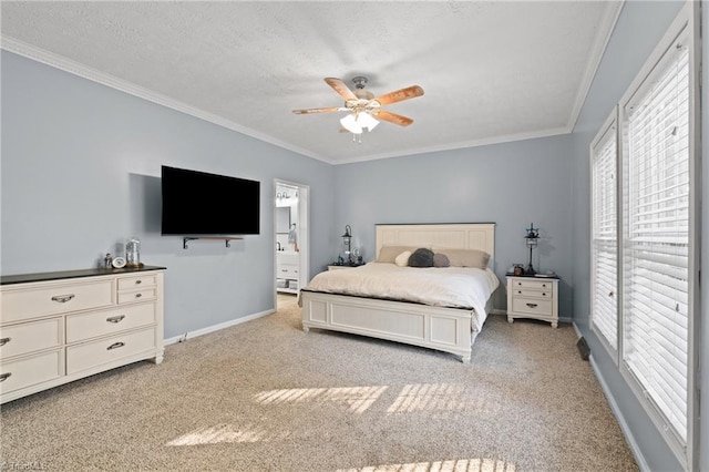 bedroom with crown molding, baseboards, multiple windows, and light carpet