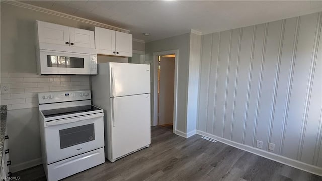 kitchen featuring white cabinetry, crown molding, white appliances, backsplash, and dark hardwood / wood-style flooring