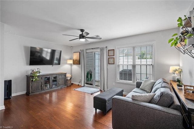 3719 Spanish Peak Dr, High Point, NC 27265 - living area with wood finished floors, a ceiling fan, and baseboards