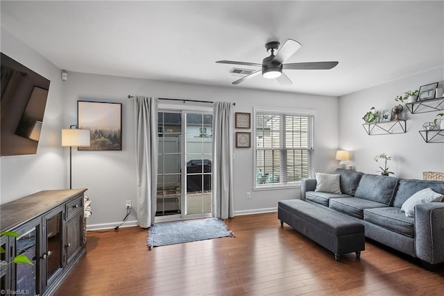 3719 Spanish Peak Dr, High Point, NC 27265 - living room with ceiling fan, dark wood-style floors, and baseboards
