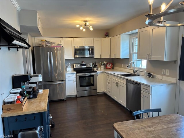 kitchen with stainless steel appliances, a sink, dark wood finished floors, and white cabinets