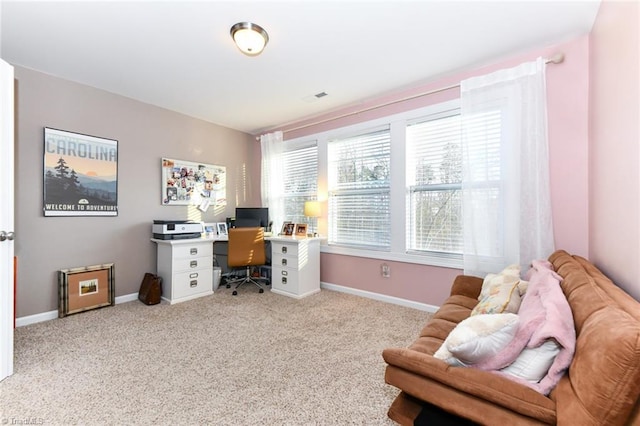 home office with light colored carpet