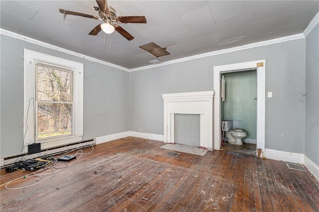 unfurnished living room with dark hardwood / wood-style floors, ceiling fan, and ornamental molding