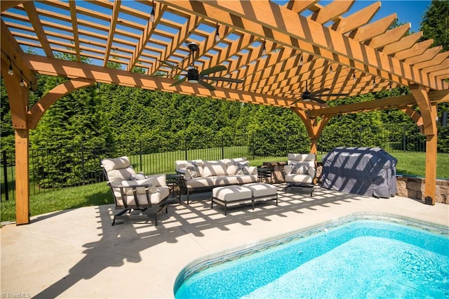 view of pool with an outdoor living space, a pergola, fence, ceiling fan, and a patio area