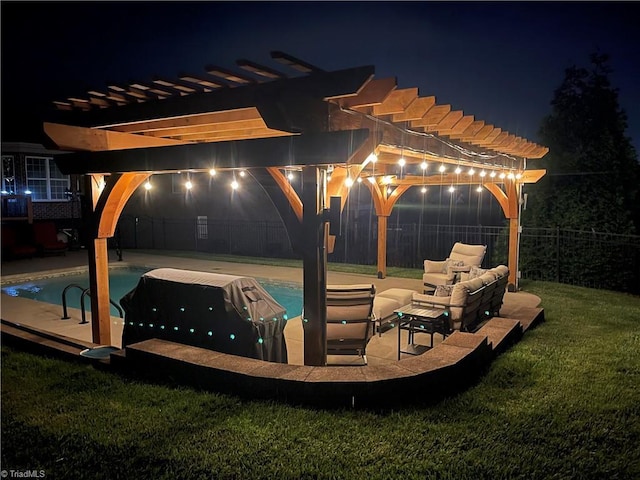 patio at twilight featuring a pergola