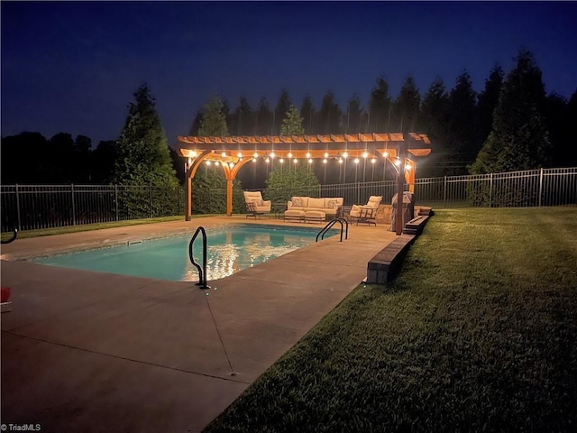 pool at twilight featuring an outdoor hangout area and a patio area