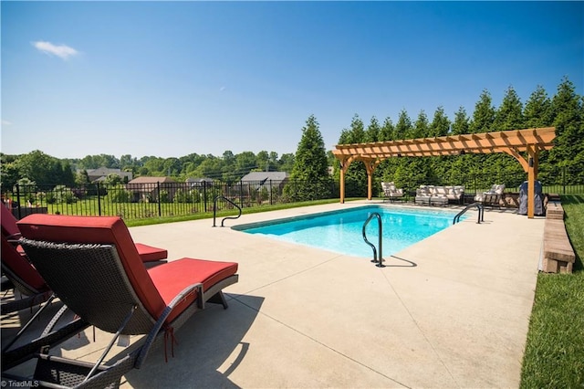 view of pool with a pergola, a patio area, a fenced backyard, and an outdoor living space