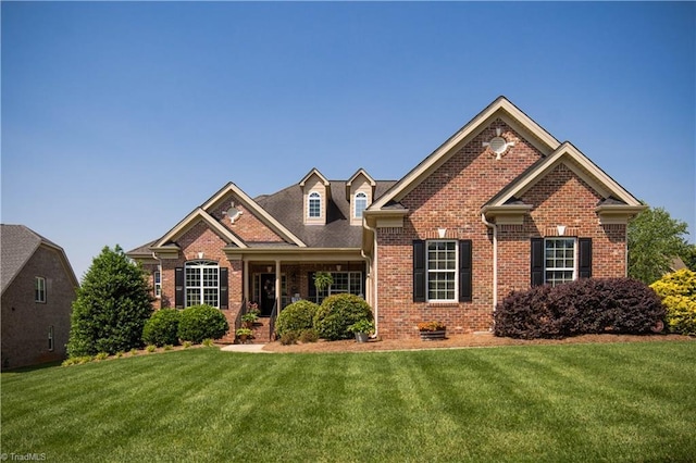 view of front of property with a front yard and brick siding