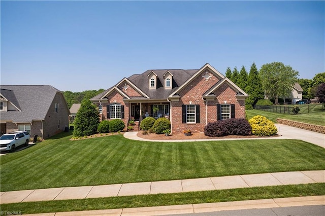 craftsman house with brick siding and a front lawn