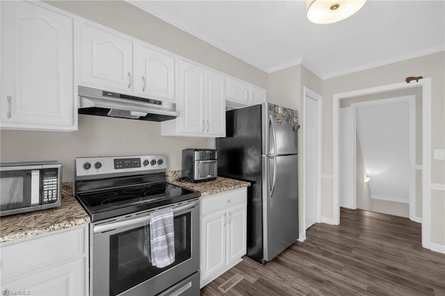 kitchen featuring white cabinetry, light stone countertops, crown molding, and stainless steel appliances