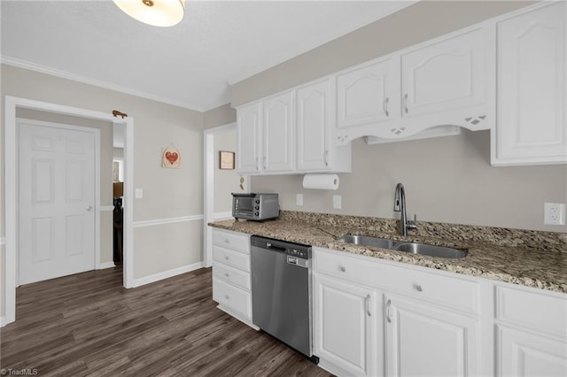 kitchen featuring dishwasher, sink, white cabinets, dark hardwood / wood-style flooring, and light stone countertops