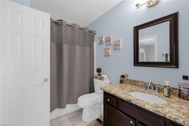 bathroom with tile patterned floors, vanity, toilet, and a shower with shower curtain